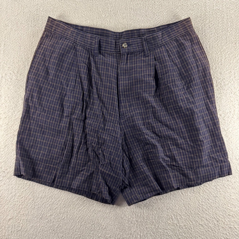 Woolrich Shorts Men 35 Navy Brown Pleated Cotton Plaid‎ Vintage Style Heritage